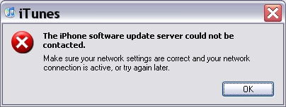 iPhone dialog box: 'The iPhone software update server could not be contacted. Make sure your network settings are correct and your network connection is active, or try again later. OK']