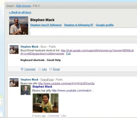 [Screenshot of Stephen Mack's feed in Google Buzz]