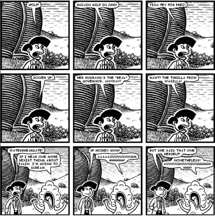 [Comic strip about two characters discussing Sarah Palin and sexism, words by Zeigen; generated with Microsoft Chat 2.5, incorporating art from Jim Woodring]