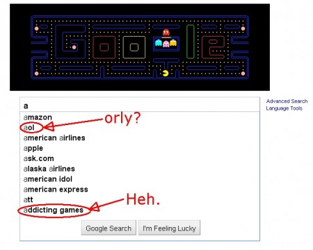 Auto-search results for the letter a at google.com: amazon, aol, american airlines, apple