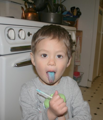 Sammy with a blue tongue from having eaten a lollipop, Mountain View, CA, January 24, 2008