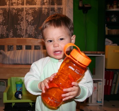 Sammy holding a bottle, mad, Mountain View, CA, February 24, 2007