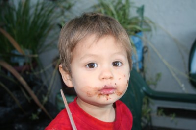 Sammy eating chocolate cake, June 2007, Mountain View, CA; photo by Kimi Winters