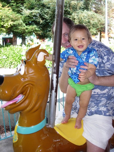 Sammy and Stephen on a merry-go-round at Paramount's Great America, Santa Clara, CA, Saturday, July 29, 2006; photo by Kimi Winters