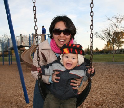 Kimi and Sammy Mack on the swings, Mountain View, CA, January 21, 2007