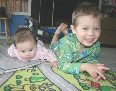 Sammy and Sophie Mack on their tummies, Mountain View, CA, January 19, 2008
