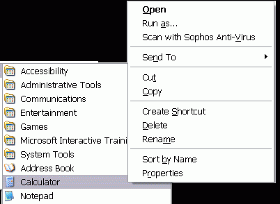 [Image: Screenshot of Calculator Start menu options menu]
