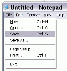 [Image: Notepad application with File menu open, showing the Save command with the listed keyboard shortcut of Ctrl+S]