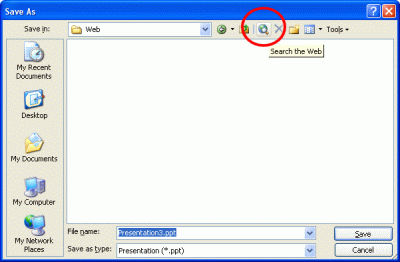 [Screenshot of Save As dialog box with Search the Web button circled]