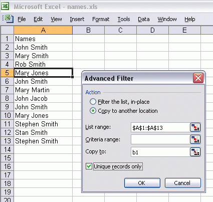[Screenshot of Excel showing advanced filter options to filter for unique items only